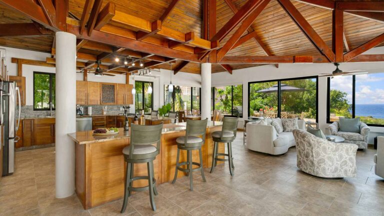 Open-plan living space with a wood-beamed ceiling, a kitchen with a breakfast bar and stools, lounge seating and ocean views through glass walls.