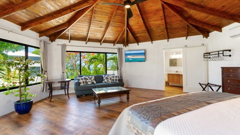 Bedroom suite with a vaulted timber ceiling, a blue sofa and coffee table, a wall-mounted TV, a sea-view window and an ensuite behind a barn door.