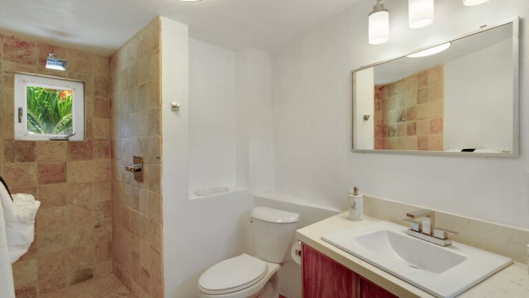 Guest bathroom with a travertine walk-in shower and a small garden window, a toilet and a wood vanity with a sink and mirror.