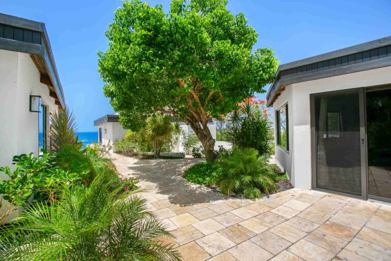 Travertine garden courtyard with a mature shade tree and tropical planting between the villa wings, with the sea visible beyond.