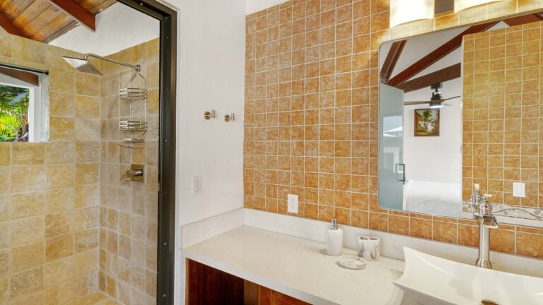 Bathroom with a travertine walk-in shower, a terracotta-tiled wall, a wood vanity with a vessel sink and a large mirror.